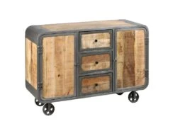 EDWIN - Buffet 2 Portes 3 Tiroirs Acier Et Bois Massif