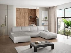 Canapé D'angle Panoramique Convertible En Tissu Beige LEANZA