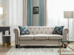 Canapé 3 Places En Tissu Beige Avec Pieds Droits CHESTERFIELD