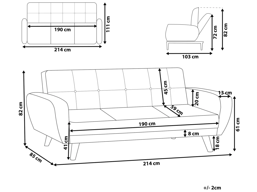 Canapé Convertible 3 Places En Tissu Noir FLORLI 5 Canapé Convertible 3 Places En Tissu Noir FLORLI – Image 3
