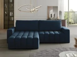 Canapé D'angle Gauche Convertible En Velours Bleu Nuit ESILIA