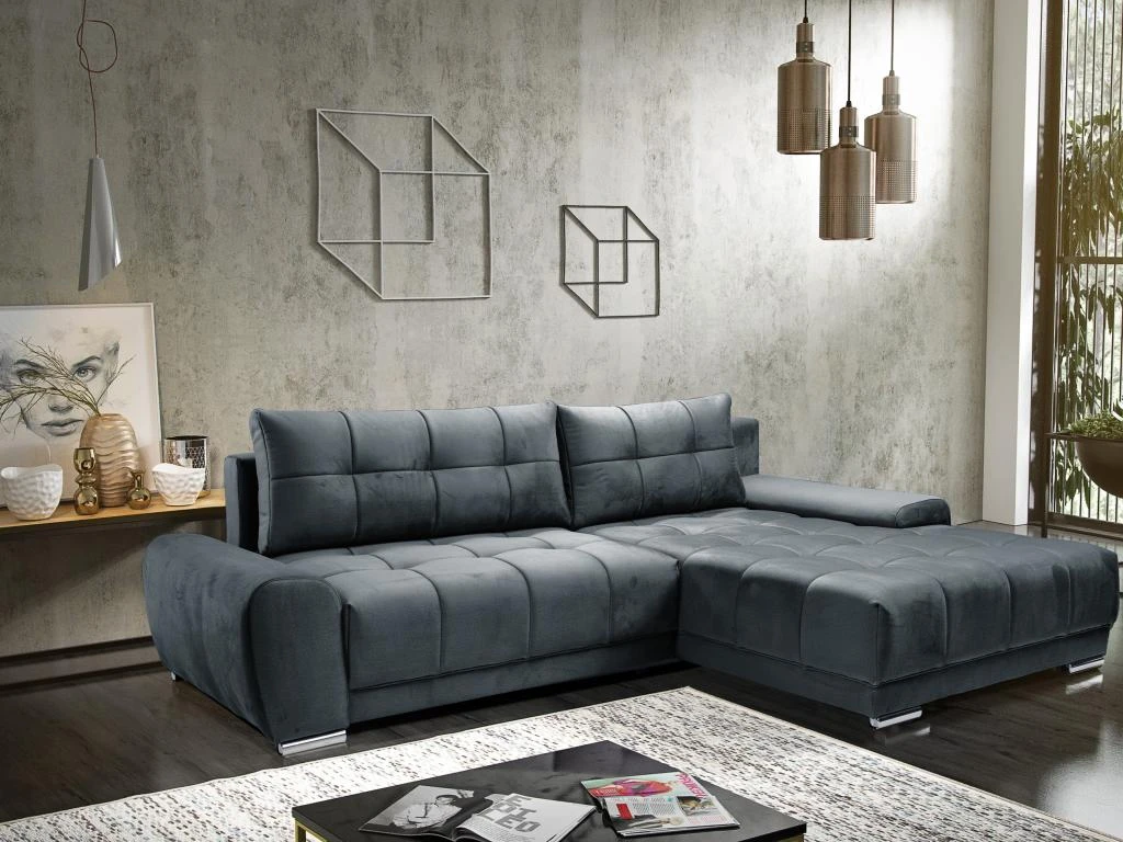 Canapé D'angle Droit Convertible En Velours Gris Anthracite OVADA 3 Canapé D'angle Droit Convertible En Velours Gris Anthracite OVADA