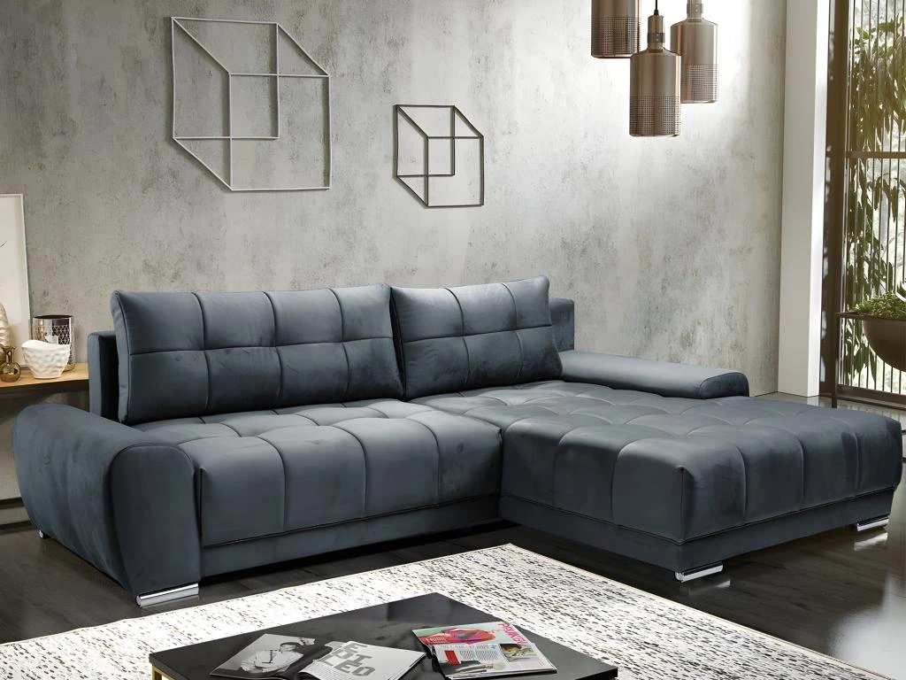 Canapé D'angle Droit Convertible En Velours Gris Anthracite OVADA 12 Canapé D'angle Droit Convertible En Velours Gris Anthracite OVADA – Image 10