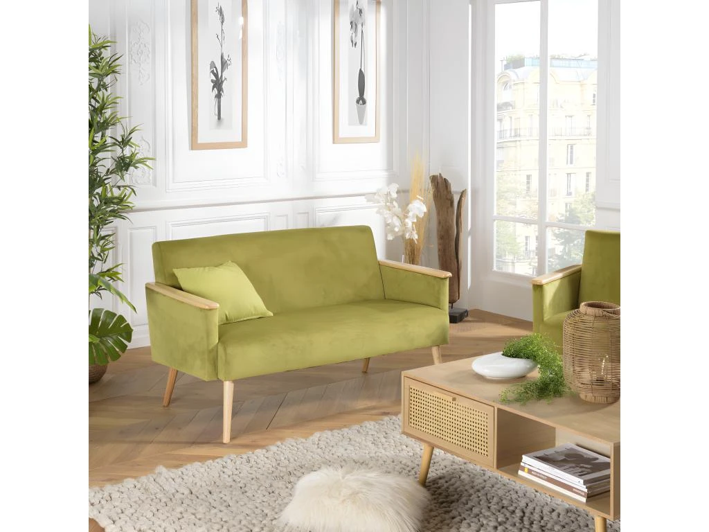 ALBANE - Canapé 2 Places Velours Vert Clair Pieds Et Accoudoirs Bois 4 ALBANE - Canapé 2 Places Velours Vert Clair Pieds Et Accoudoirs Bois – Image 2