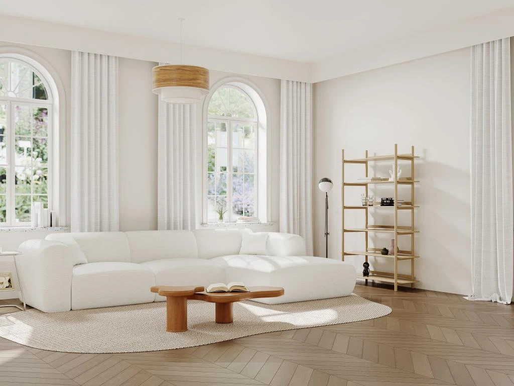 Grand Canapé D'angle Droit En Tissu Bouclette Blanc POGNI 3 Grand Canapé D'angle Droit En Tissu Bouclette Blanc POGNI