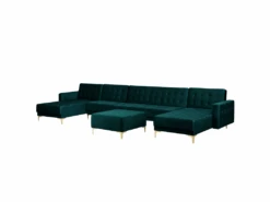 Canapé Panoramique Convertible En Velours Bleu Paon 6 Places Avec Pouf ABERDEEN -Meubles Soldes Boutique canape 17986015