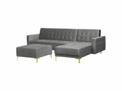 Canapé Angle Gauche Convertible En Velours Gris 4 Places Avec Pouf ABERDEEN -Meubles Soldes Boutique canape 18236953