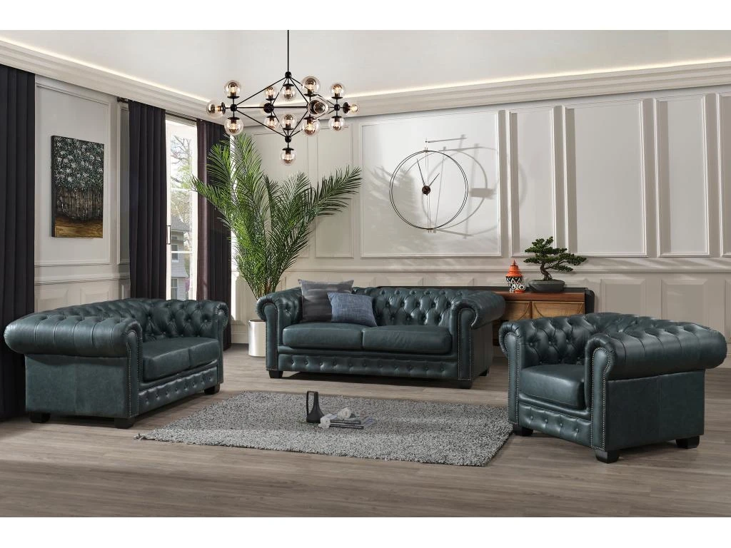 Canapé Chesterfield 2 Places BRENTON 100% Cuir De Buffle Premium - Vert De Gris 5 Canapé Chesterfield 2 Places BRENTON 100% Cuir De Buffle Premium - Vert De Gris – Image 3