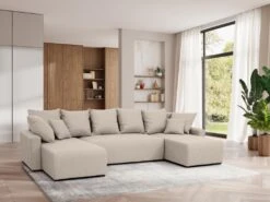 Canapé D'angle Panoramique Convertible En Tissu Beige LADAZIA