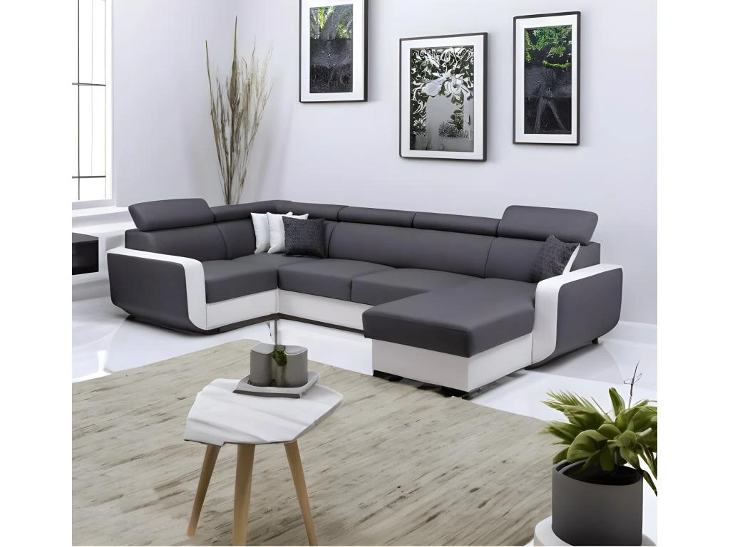 Canapé Panoramique Convertible EMPERO U Blanc Et Gris En Tissu Et Simili 3 Canapé Panoramique Convertible EMPERO U Blanc Et Gris En Tissu Et Simili