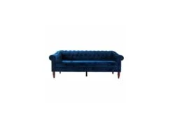 Canapé Fixe 3 Places Chesterfield - Velours Bleu Pétrole Et Pieds En Bois - L 203,5 X P 80,5 X H 80 Cm - LIAM