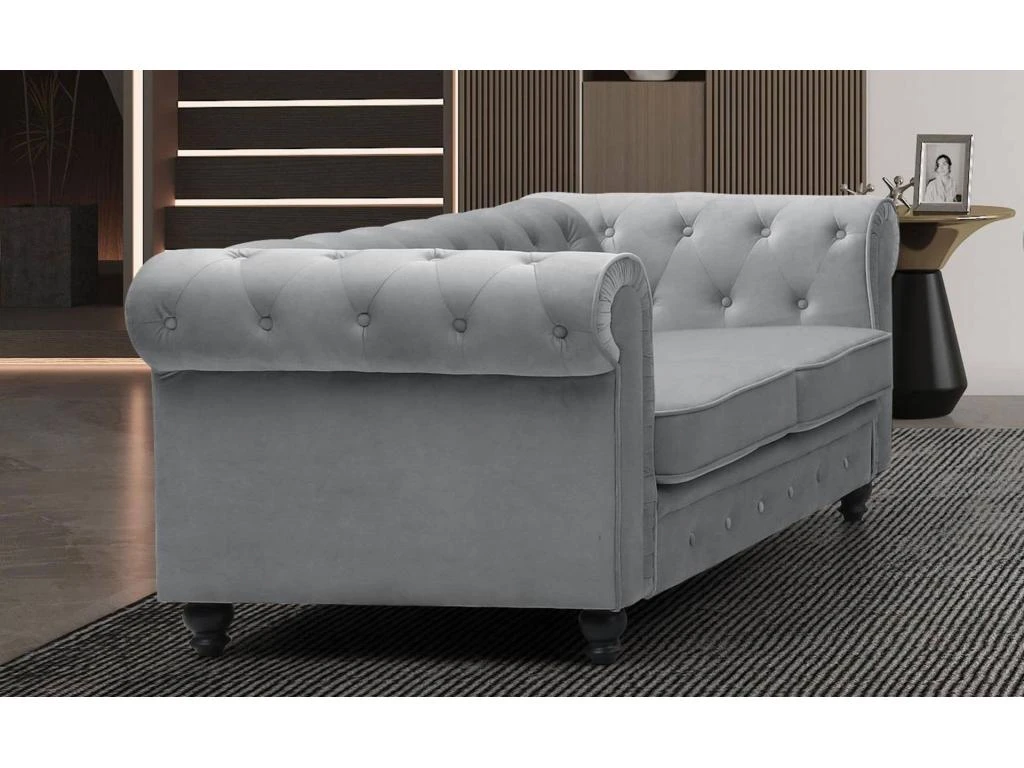 Grand Canapé 2 Places Chesterfield Velours Argent 7 Grand Canapé 2 Places Chesterfield Velours Argent – Image 5