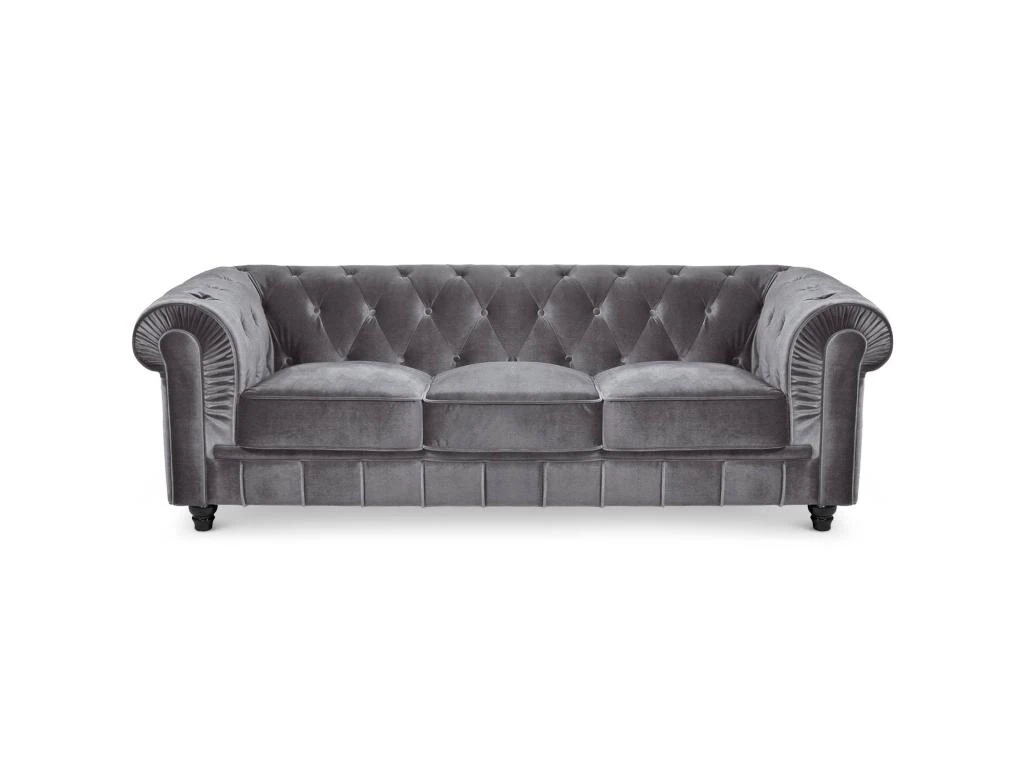 Grand Canapé 3 Places Chesterfield Velours Argent 3 Grand Canapé 3 Places Chesterfield Velours Argent