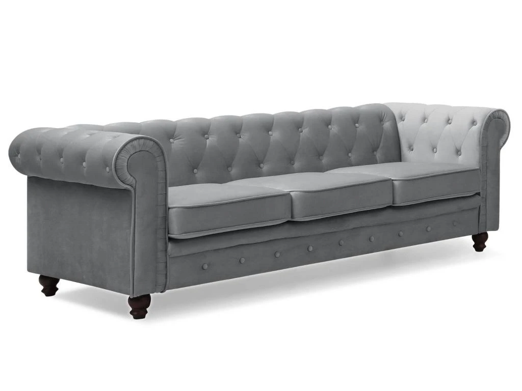 Grand Canapé 3 Places Chesterfield Velours Argent 7 Grand Canapé 3 Places Chesterfield Velours Argent – Image 5