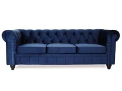 Grand Canapé 3 Places Chesterfield Velours Bleu