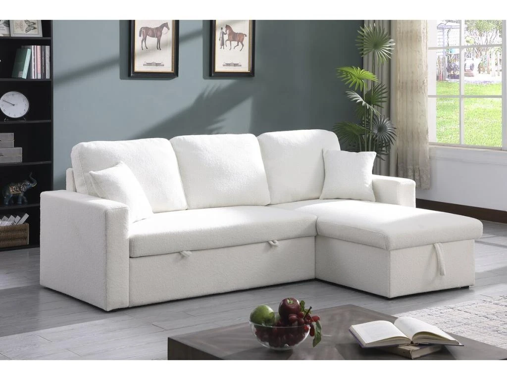 Canapé D'angle Convertible/reversible Avec Coffre "Alain" - 3 Places - Bouclettes - Blanc 3 Canapé D'angle Convertible/reversible Avec Coffre "Alain" - 3 Places - Bouclettes - Blanc