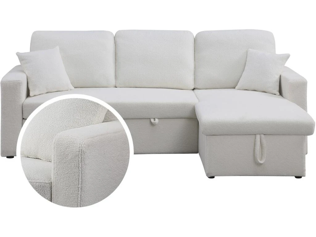 Canapé D'angle Convertible/reversible Avec Coffre "Alain" - 3 Places - Bouclettes - Blanc 5 Canapé D'angle Convertible/reversible Avec Coffre "Alain" - 3 Places - Bouclettes - Blanc – Image 3