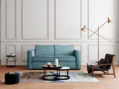 Canapé 3 Places Convertible Express En Velours Côtelé Bleu Clair - Couchage 140 Cm - Matelas 22 Cm LORETO