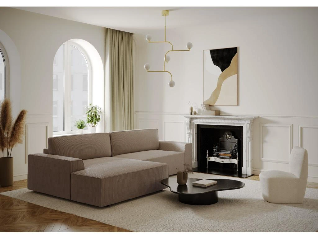 Canapé Angle Droit Convertible Coffre Velours Côtelé Taupe 300x174cm 4 Canapé Angle Droit Convertible Coffre Velours Côtelé Taupe 300x174cm – Image 2