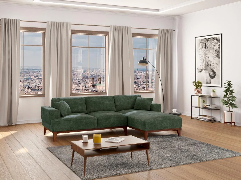 Canapé D'angle Droit En Tissu Vert Sapin JOSEFA 3 Canapé D'angle Droit En Tissu Vert Sapin JOSEFA