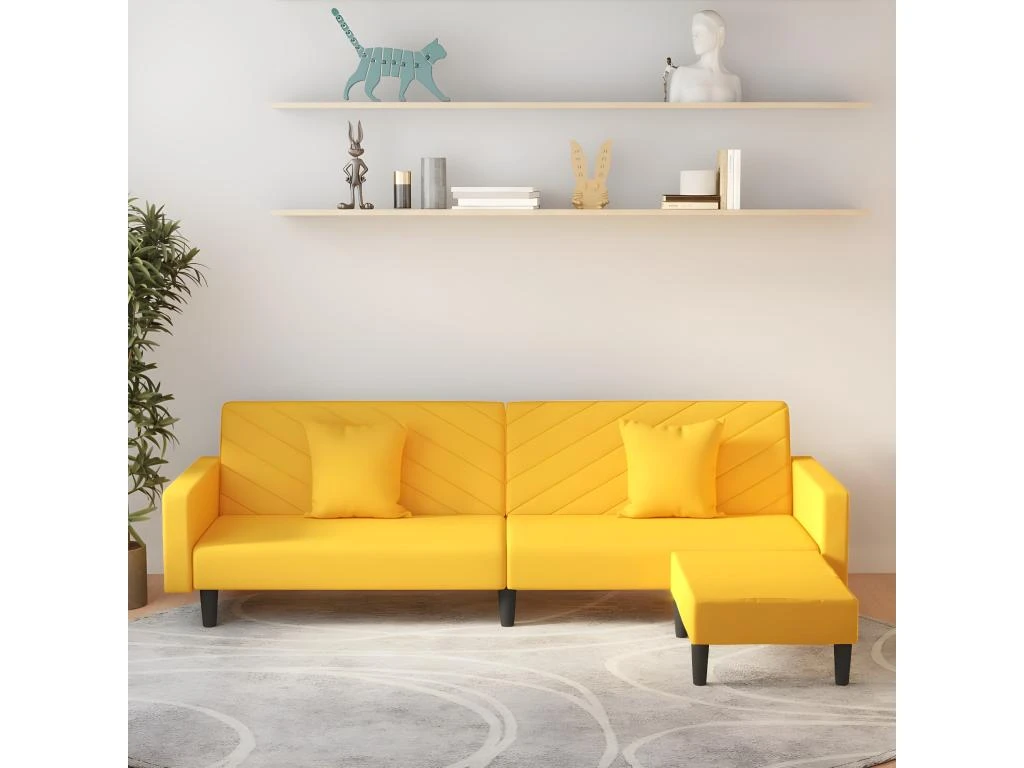 Canapé-lit 2 Places 2 Oreillers Et Repose-pied Jaune Velours 3 Canapé-lit 2 Places 2 Oreillers Et Repose-pied Jaune Velours