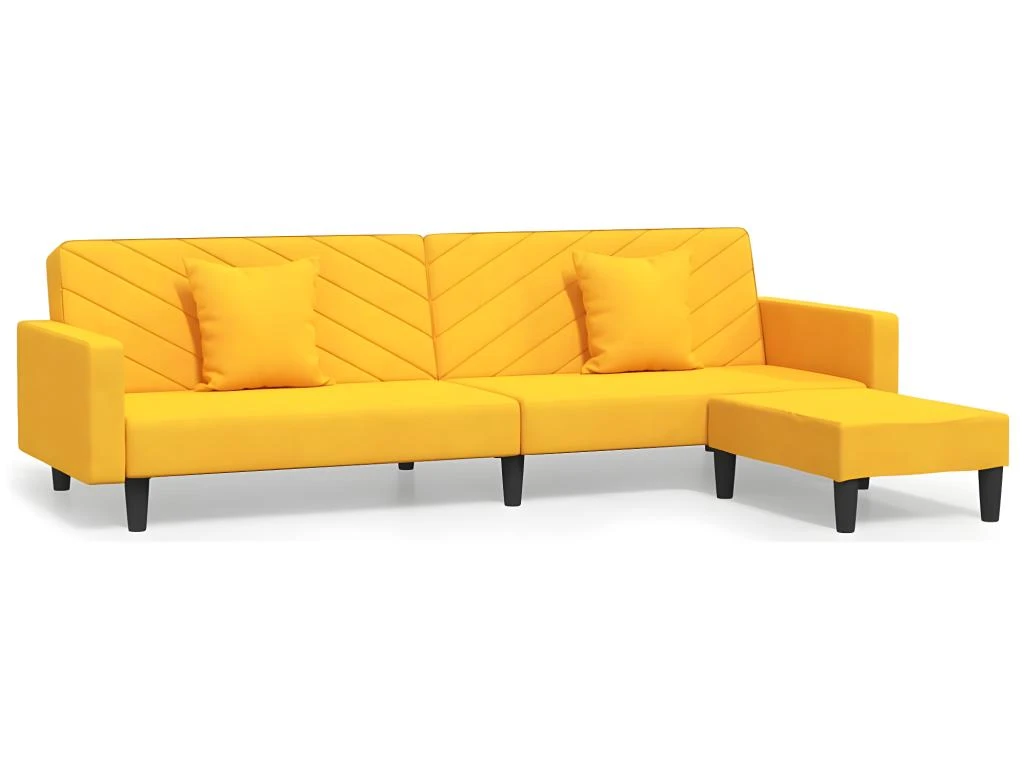 Canapé-lit 2 Places 2 Oreillers Et Repose-pied Jaune Velours 4 Canapé-lit 2 Places 2 Oreillers Et Repose-pied Jaune Velours – Image 2