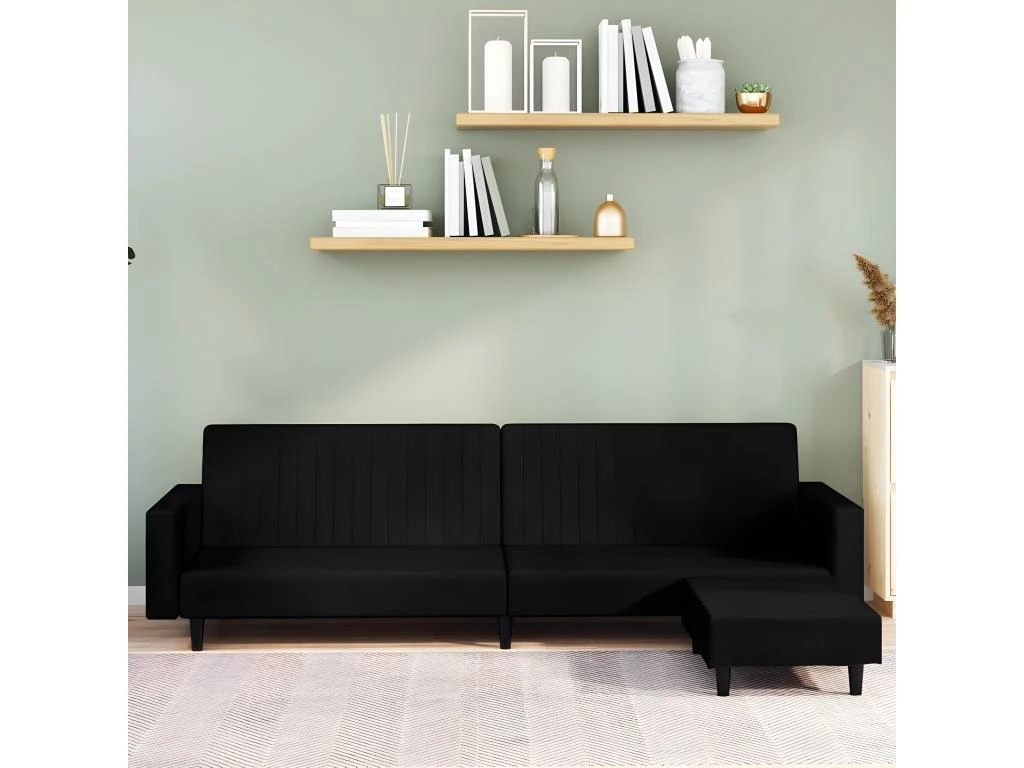 Canapé-lit à 2 Places Avec Repose-pied Noir Velours 3 Canapé-lit à 2 Places Avec Repose-pied Noir Velours