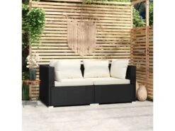 Canapé 2 Places Avec Coussins Noir Résine Tressée
