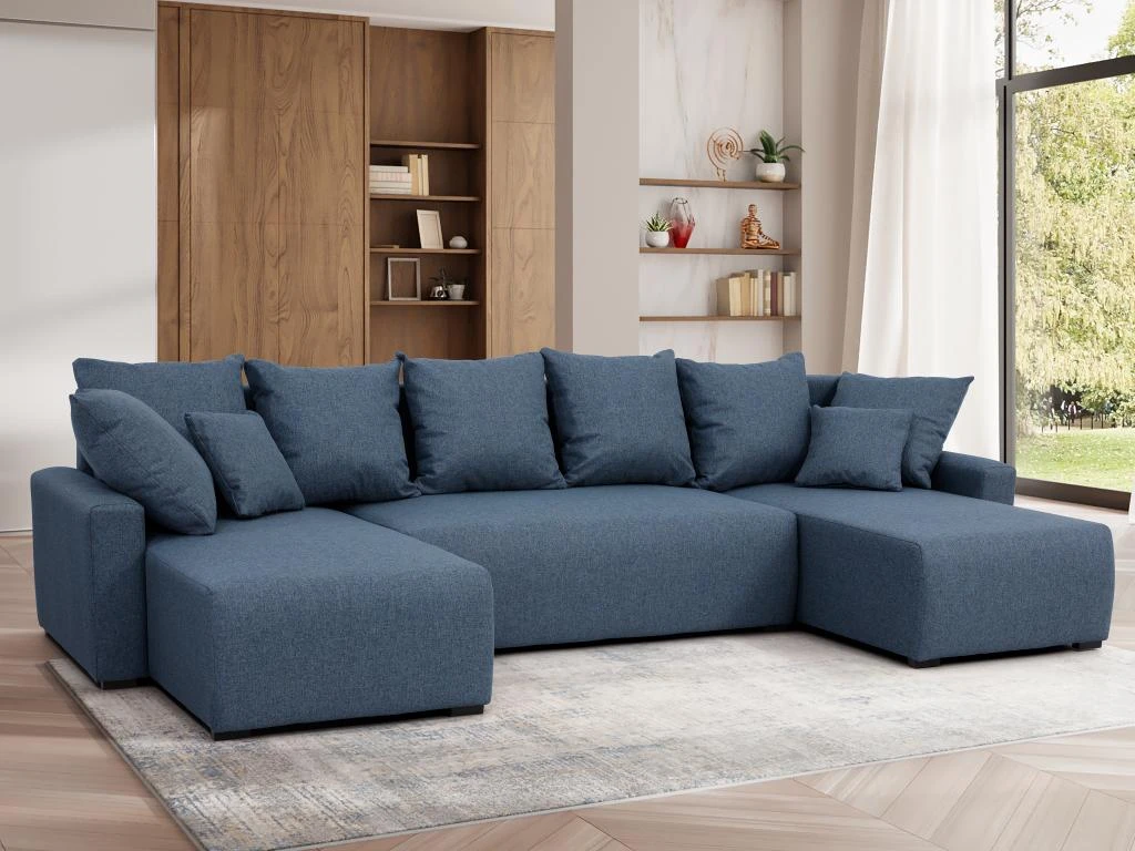 Canapé D'angle Panoramique Convertible En Tissu Bleu LADAZIA 3 Canapé D'angle Panoramique Convertible En Tissu Bleu LADAZIA