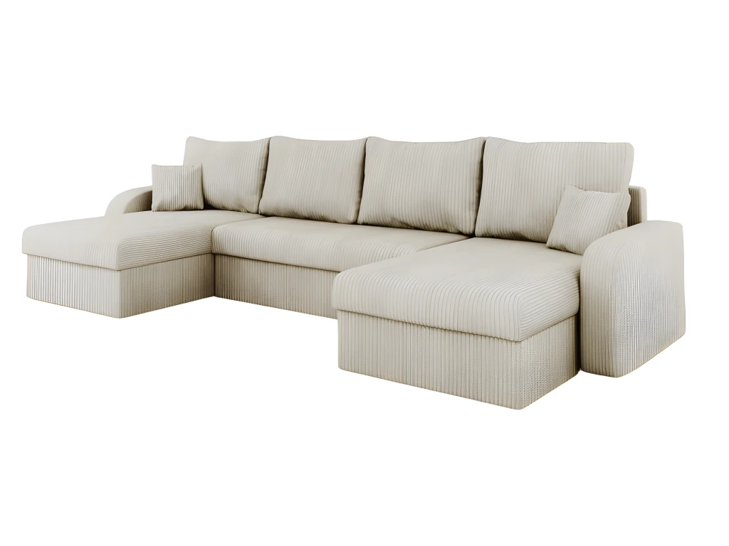 Canapé D'angle Panoramique Convertible KRISTOFER En Velours Côtelé Beige 3 Canapé D'angle Panoramique Convertible KRISTOFER En Velours Côtelé Beige