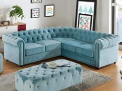 Canapé D'angle En Velours CHESTERFIELD - Bleu Pastel