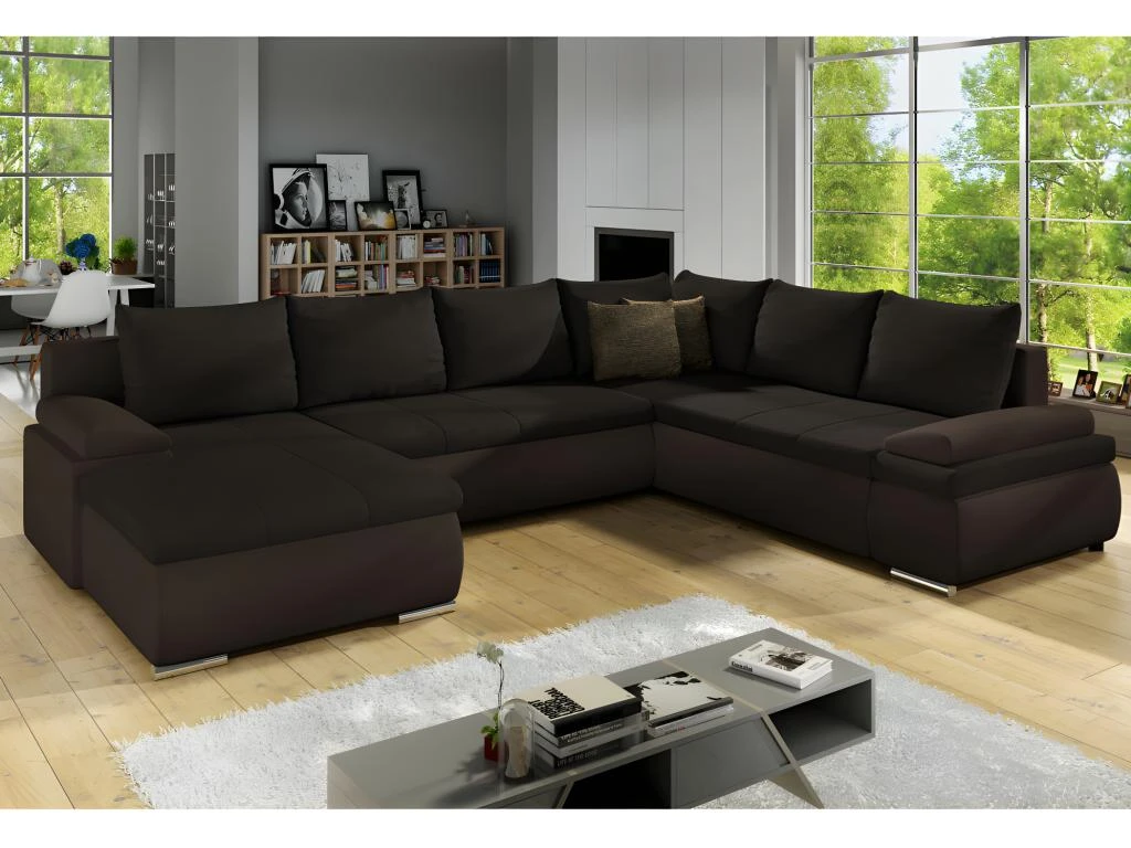 Canapé D'angle Panoramique Convertible Et Réversible En Simili Et Tissu DAKOTA - Marron 4 Canapé D'angle Panoramique Convertible Et Réversible En Simili Et Tissu DAKOTA - Marron – Image 2