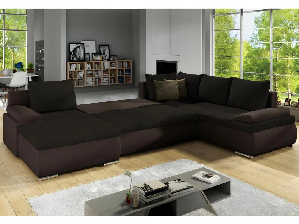 Canapé D'angle Panoramique Convertible Et Réversible En Simili Et Tissu DAKOTA - Marron 5 Canapé D'angle Panoramique Convertible Et Réversible En Simili Et Tissu DAKOTA - Marron – Image 3