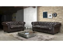 Canapé Chesterfield 2 Places BRENTON 100% Cuir De Buffle - Marron Reflets Châtains