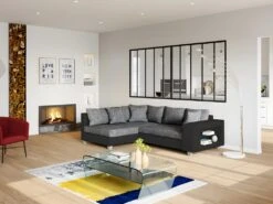 Canapé D'angle Convertible Tissu Et Simili KUOPIO - Gris Et Noir - Angle Gauche