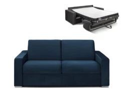 Canapé 3 Places Convertible Express En Velours CALITO - Bleu Nuit - Couchage Lattes Larges 140 Cm - Matelas 14 Cm Avec Mémoire De Forme DUNLOPILLO