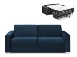 Canapé 4 Places Convertible Express En Velours CALITO - Bleu Nuit - Couchage Lattes Larges 160 Cm - Matelas 18 Cm Avec Mémoire De Forme DUNLOPILLO