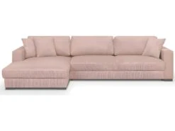 Canapé D'angle à Gauche Convertible 5 Places En Velours Côtelé Rose Pâle Avec Coffre De Rangement - Robin