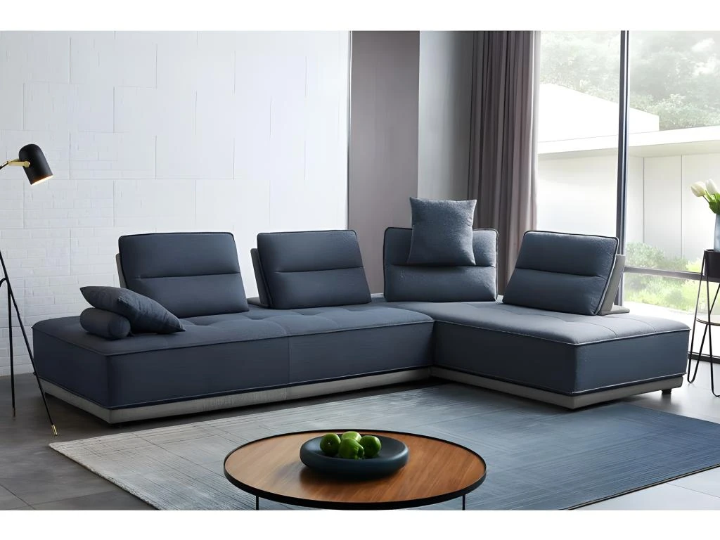 Canapé D'angle Réversible Et Modulable Tissu Bleu - LOUNGE 3 Canapé D'angle Réversible Et Modulable Tissu Bleu - LOUNGE