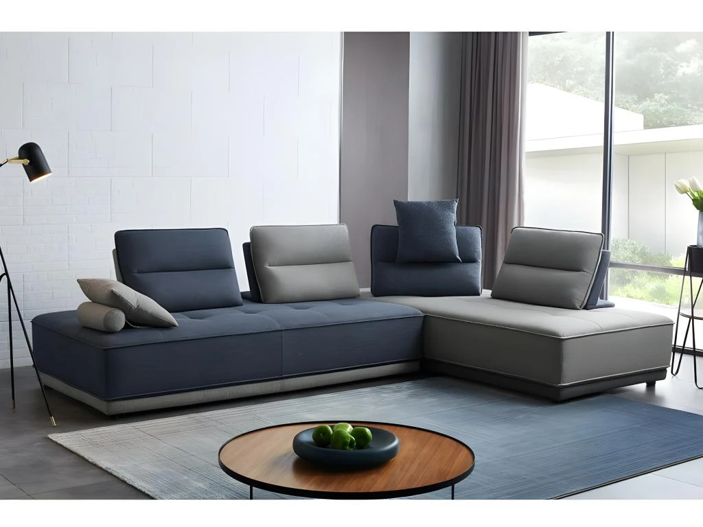 Canapé D'angle Modulable Tissu Gris Et Bleu - LOUNGE 3 Canapé D'angle Modulable Tissu Gris Et Bleu - LOUNGE