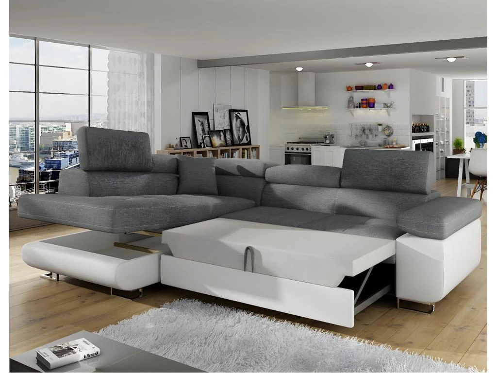 Canapé D'angle Gauche Convertible Marius Gris Et Blanc 4 Canapé D'angle Gauche Convertible Marius Gris Et Blanc – Image 2
