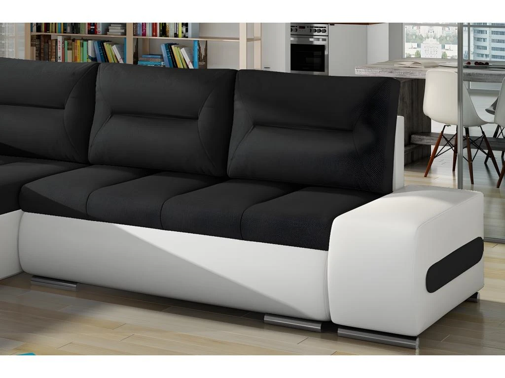 Canapé D'angle Convertible En Tissu Luxe Noir Et Simili Cuir Blanc, 5 Places, Angle Gauche (vu De Face) - OTELLO 5 Canapé D'angle Convertible En Tissu Luxe Noir Et Simili Cuir Blanc, 5 Places, Angle Gauche (vu De Face) - OTELLO – Image 3