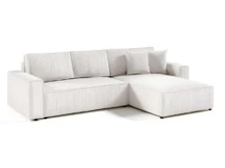 Canapé D'angle Réversible Et Convertible 4 Places Avec Coffre Isaac Velours Côtelé Blanc Cassé