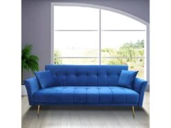 Canapé 3 Places Convertible En Velours Bleu Et Pieds Doré - RALPH