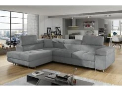 Canapé D'angle Convertible En Tissu Luxe 5 Places, Avec Coffre, Gris Clair, Angle Gauche (vu De Face), ANNECY VELOURS