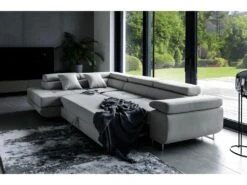 Canapé D'angle Convertible En Tissu Luxe 5 Places, Avec Coffre, Gris Clair, Angle Gauche (vu De Face), ANNECY VELOURS -Meubles Soldes Boutique canape 9482479