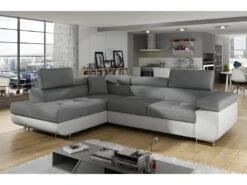 Canapé D'angle Convertible En Tissu Luxe Et Simili Cuir 5 Places, Coffre, Gris / Blanc Cassé, Angle Gauche (vu De Face), ANNECY MIX