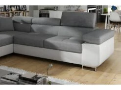 Canapé D'angle Convertible En Tissu Luxe Et Simili Cuir 5 Places, Coffre, Gris / Blanc Cassé, Angle Gauche (vu De Face), ANNECY MIX -Meubles Soldes Boutique canape 9989799