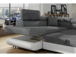 Canapé D'angle Convertible En Tissu Luxe Et Simili Cuir 5 Places, Coffre, Gris / Blanc Cassé, Angle Gauche (vu De Face), ANNECY MIX -Meubles Soldes Boutique canape 9989803