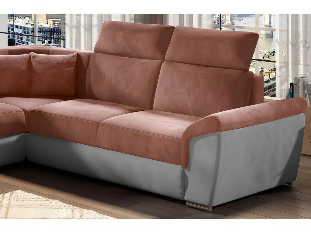 Canapé D'angle - Convertible - FELIPE VELOURS - En Tissu Luxe Rose Pale Et Gris, 5/6 Places 4 Canapé D'angle - Convertible - FELIPE VELOURS - En Tissu Luxe Rose Pale Et Gris, 5/6 Places – Image 2